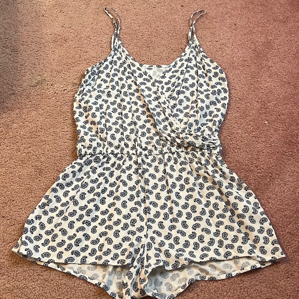 White romper with blue print